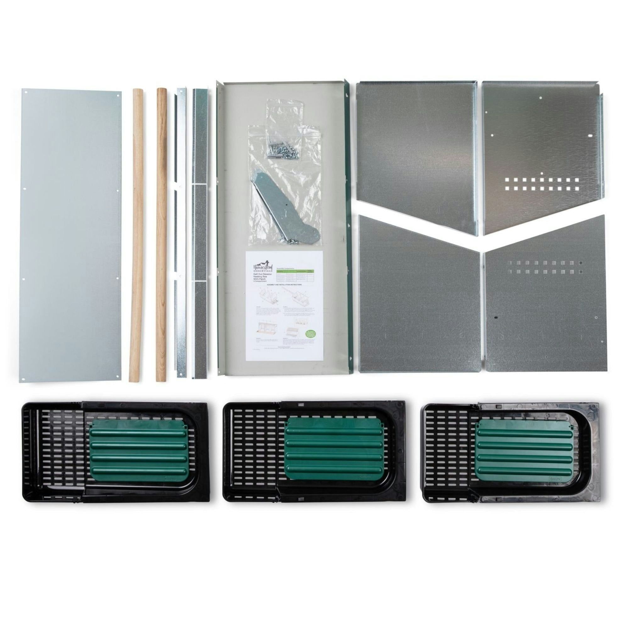 3 Compartment Reverse Roll Away/ Roll Out Chicken Nesting Box with Compact Trays/Lids & Wood Perches