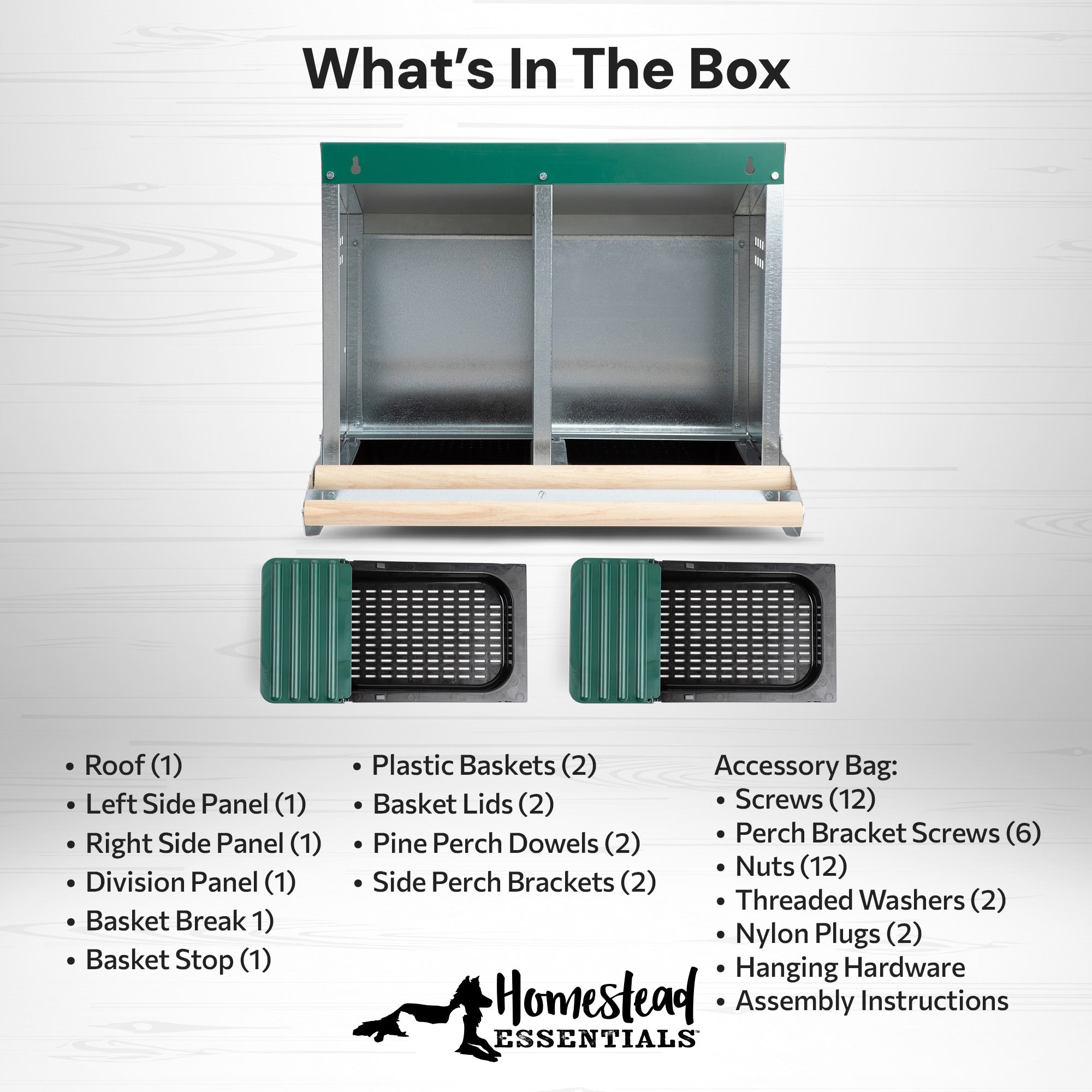 2 Compartment Reverse Roll Away/ Roll Out Chicken Nesting Box with Compact Trays/Lids & Wood Perches