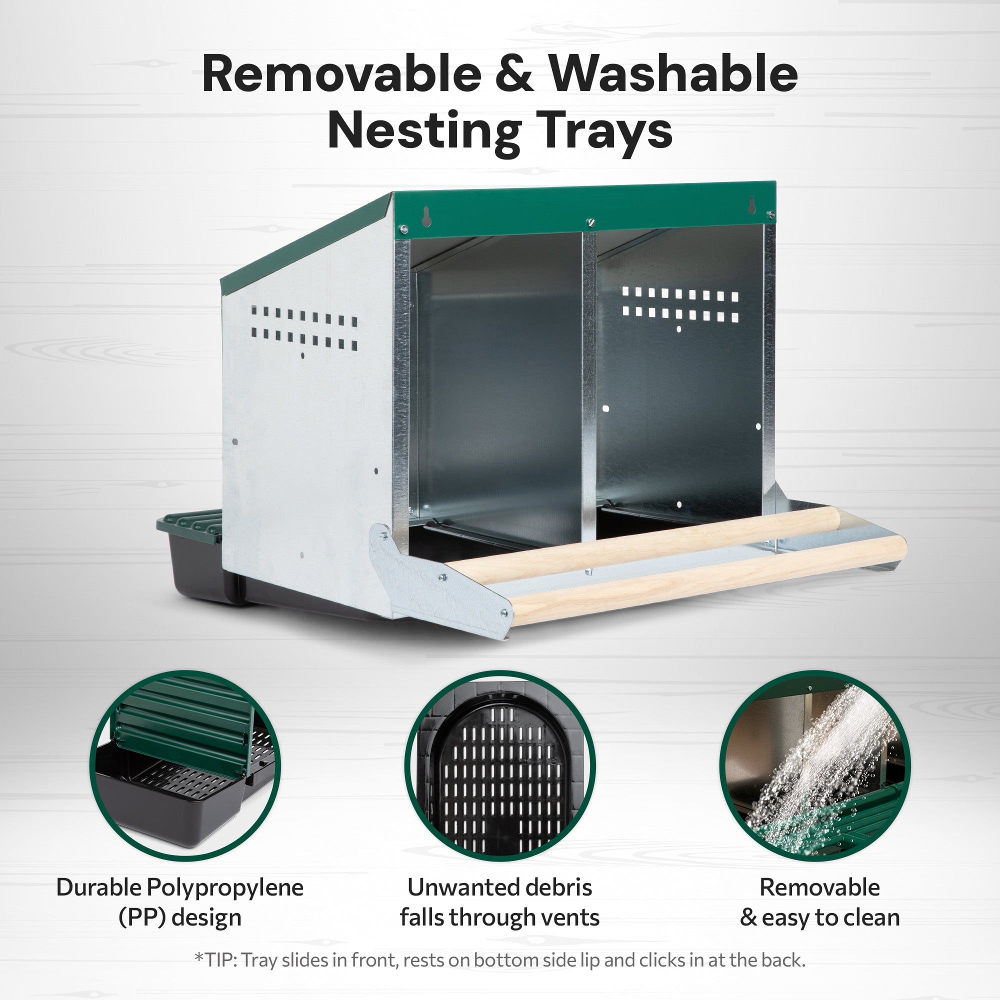 2 Compartment Reverse Roll Away/ Roll Out Chicken Nesting Box with Compact Trays/Lids & Wood Perches