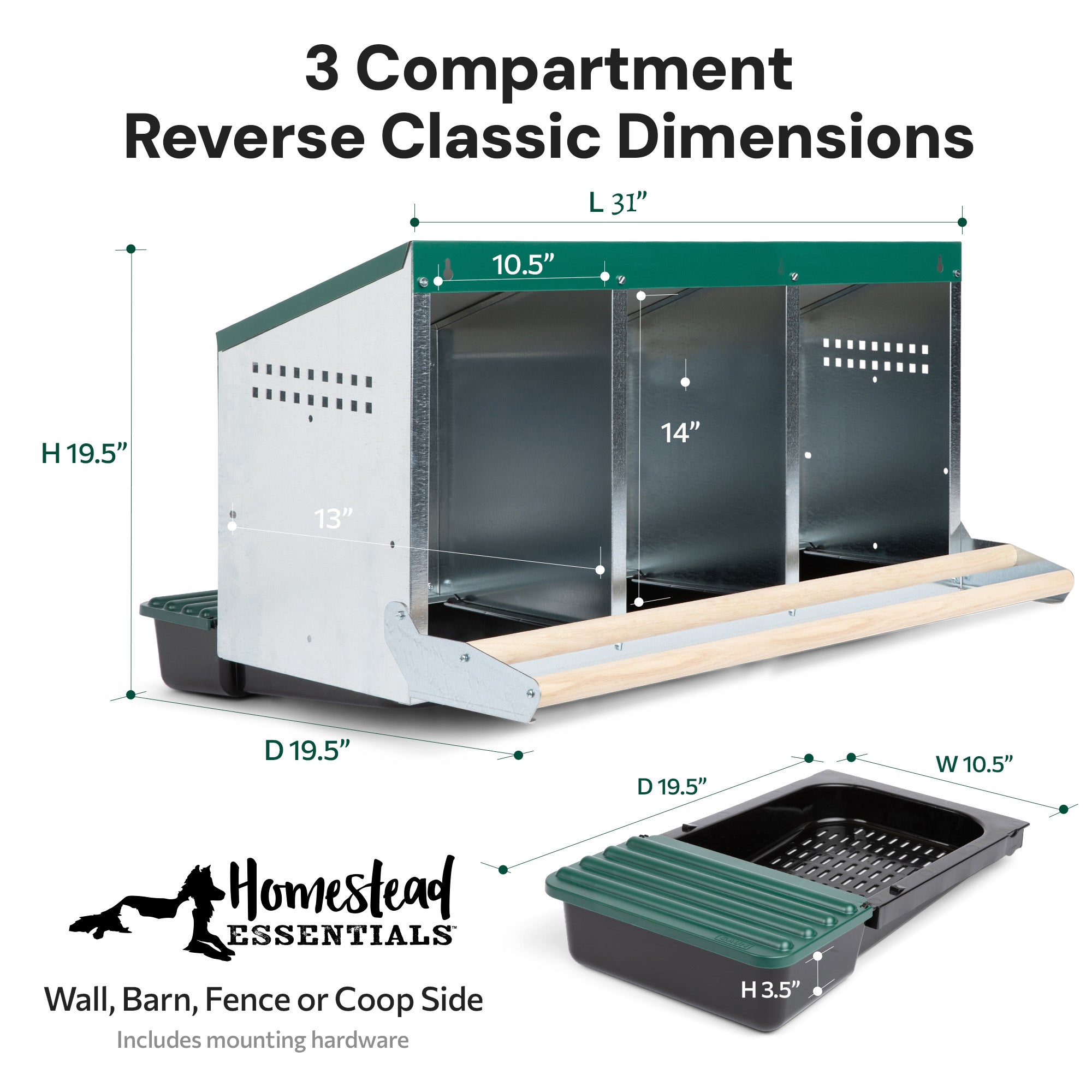 3 Compartment Reverse Roll Away/ Roll Out Chicken Nesting Box with Compact Trays/Lids & Wood Perches
