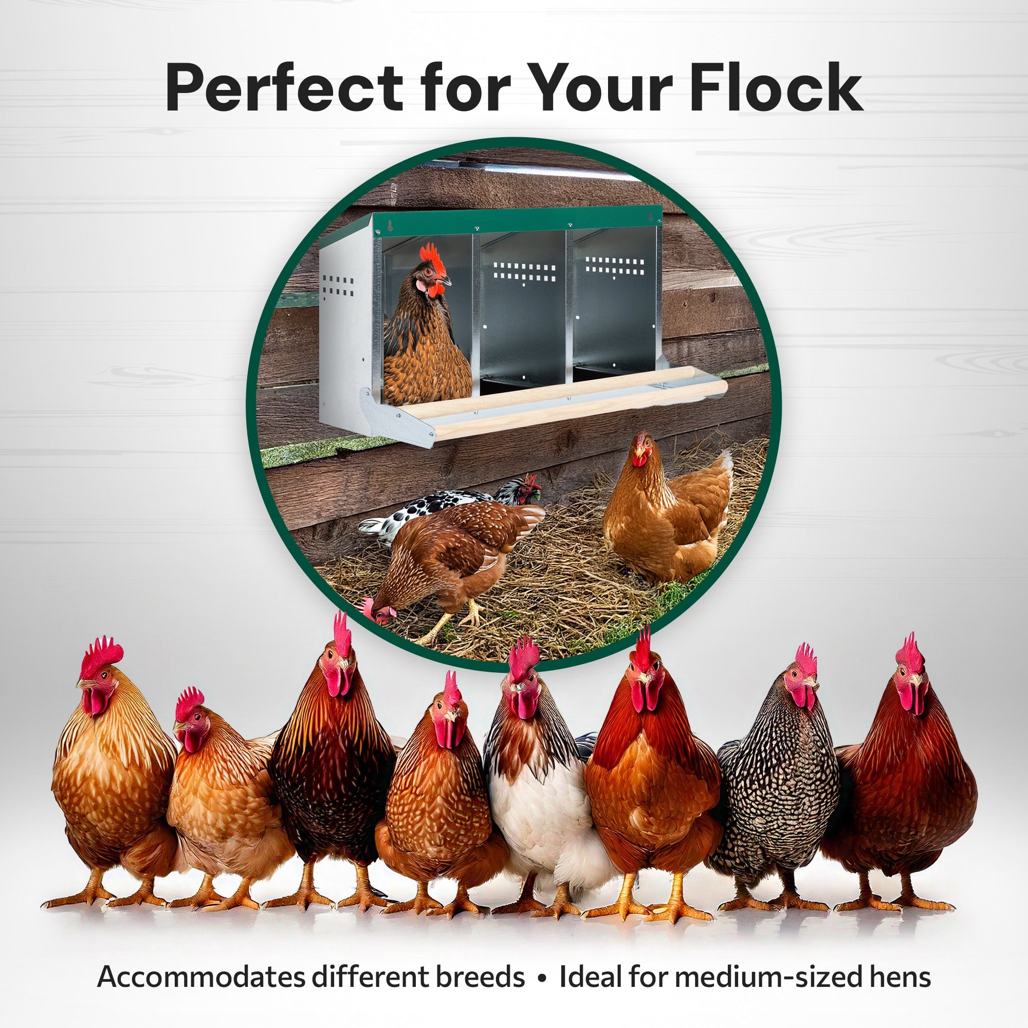 3 Compartment Reverse Roll Away/ Roll Out Chicken Nesting Box with Compact Trays/Lids & Wood Perches