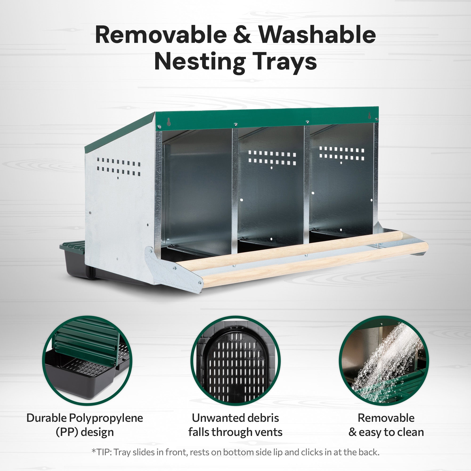 3 Compartment Reverse Roll Away/ Roll Out Chicken Nesting Box with Compact Trays/Lids & Wood Perches