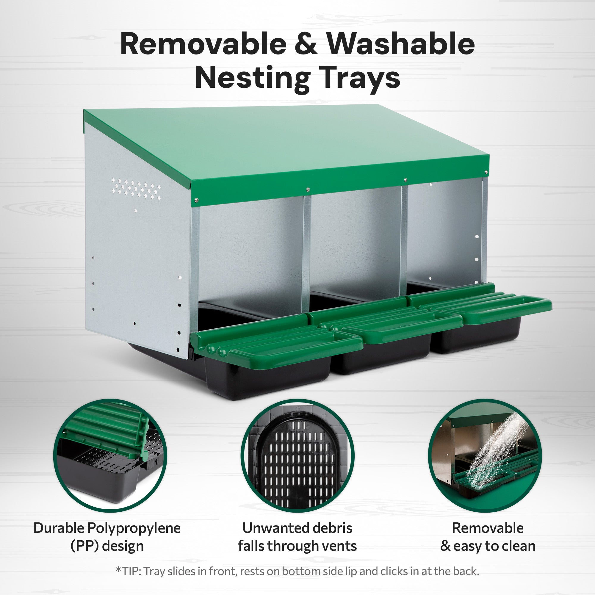 3 Compartment Roll Away/ Roll Out Chicken Nesting Box with Classic Trays/Lids