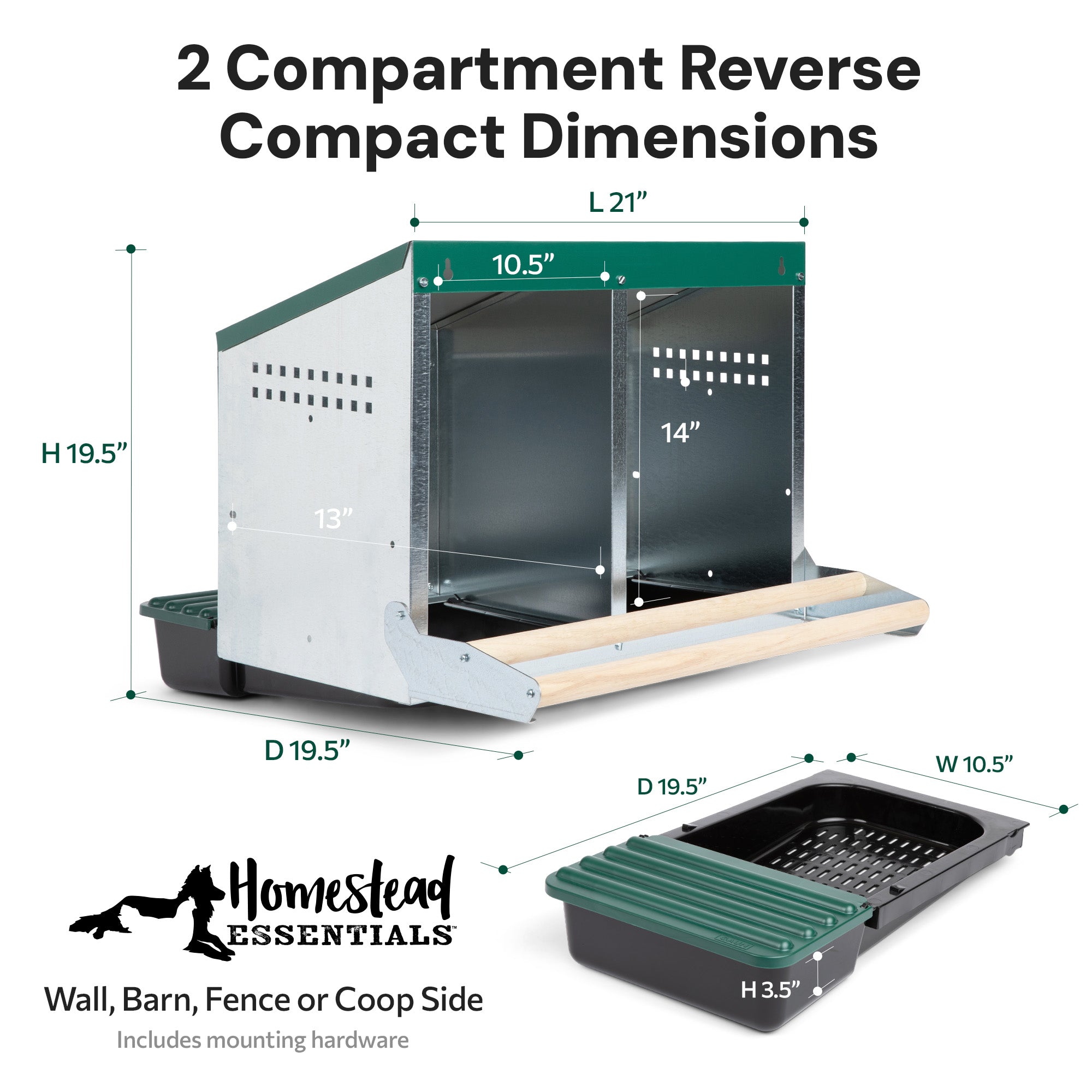2 Compartment Reverse Roll Away/ Roll Out Chicken Nesting Box with Compact Trays/Lids & Wood Perches