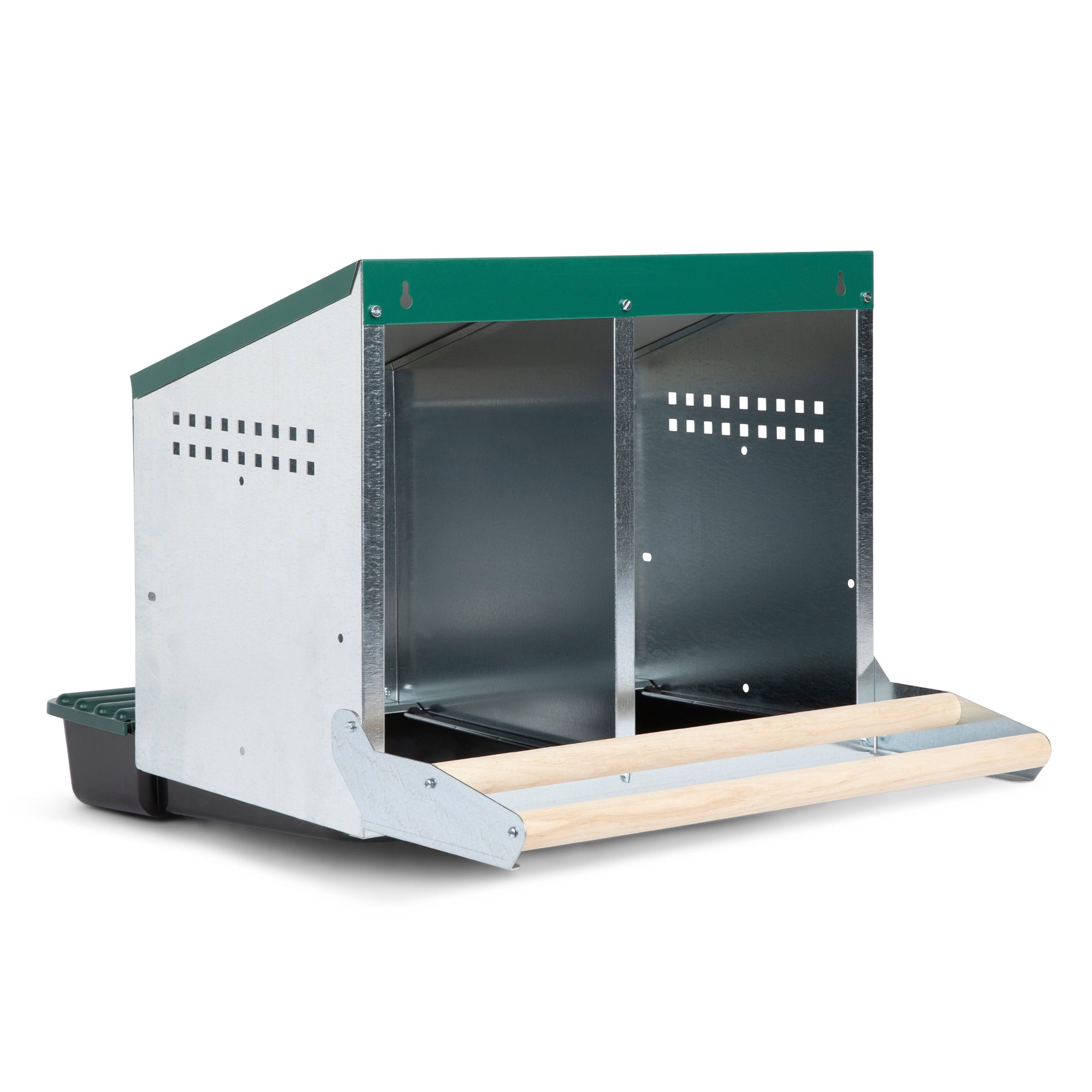 2 Compartment Reverse Roll Away/ Roll Out Chicken Nesting Box with Compact Trays/Lids & Wood Perches