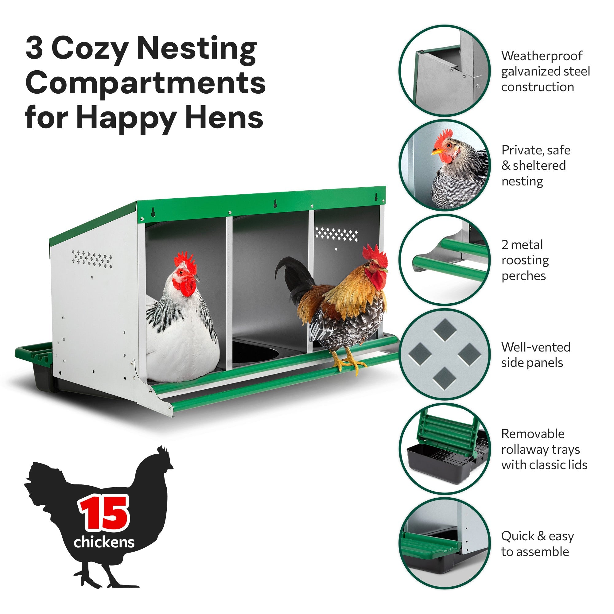 3 Compartment Reverse Roll Away/ Roll Out Chicken Nesting Box with Classic Trays/Lids & 2 Perches