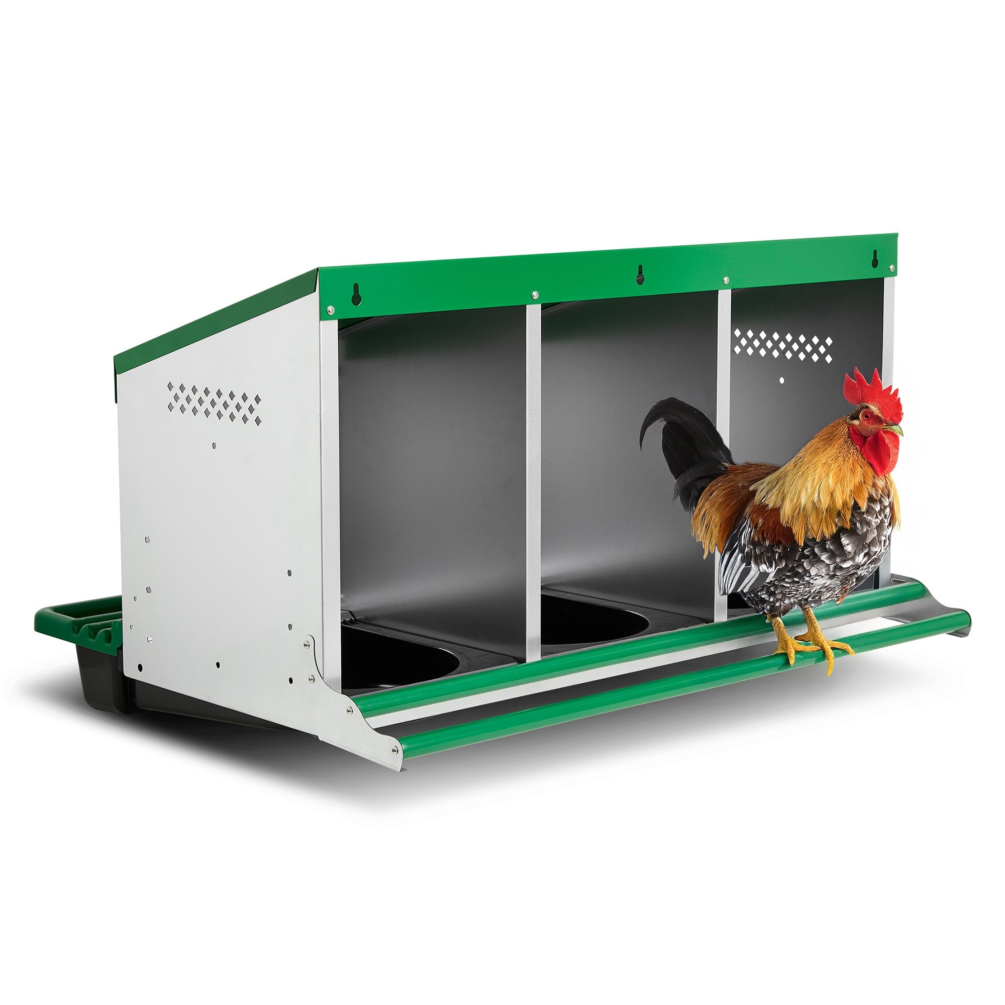 3 Compartment Reverse Roll Away/ Roll Out Chicken Nesting Box with Classic Trays/Lids & 2 Perches